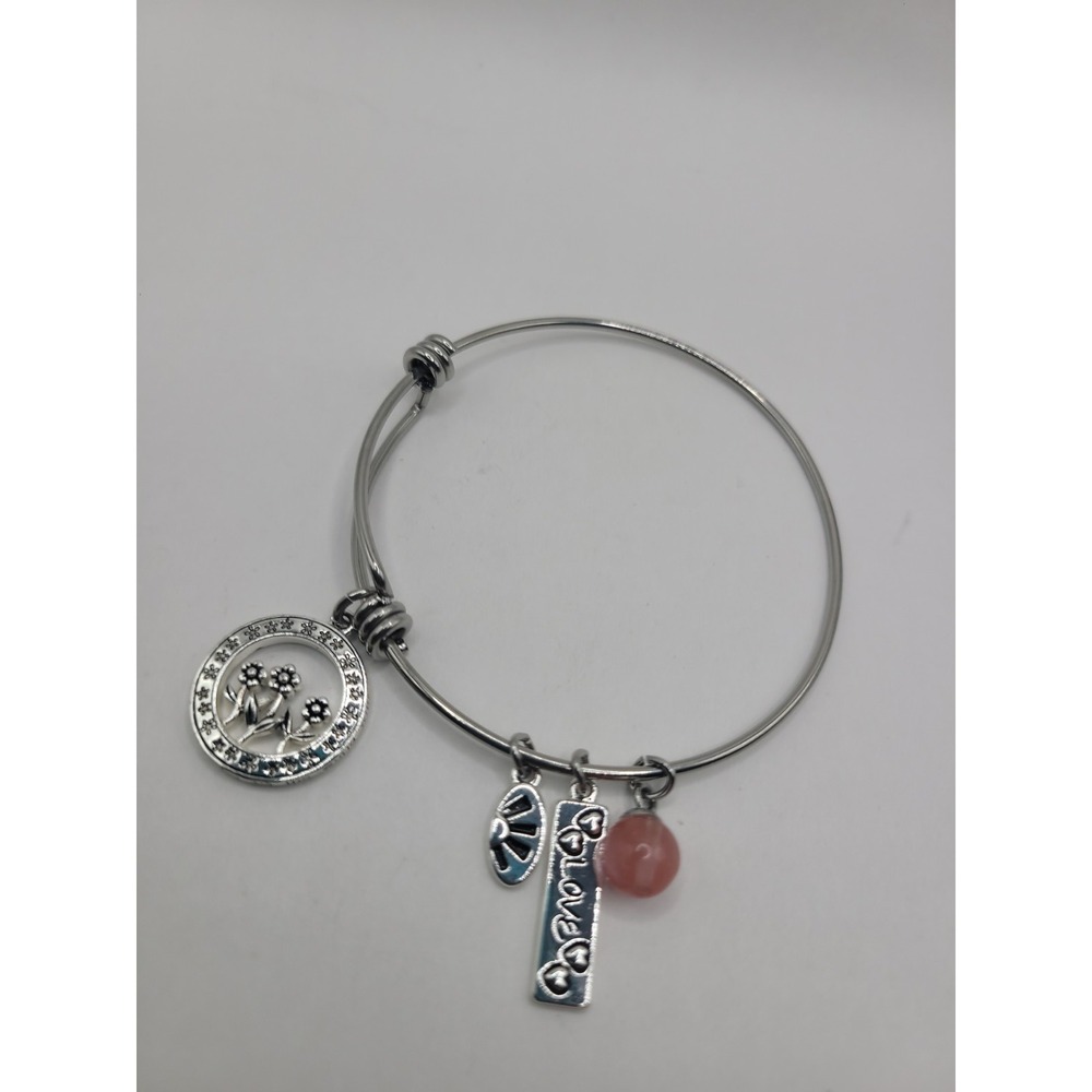 Silver Tone Love Charm Bangle Bracelet Floral Leaf Red Bead Inspirational